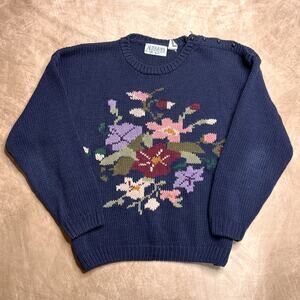 Vintage 90s Autograph American Clothing Floral Knit Sweater Navy Multicolor Boho